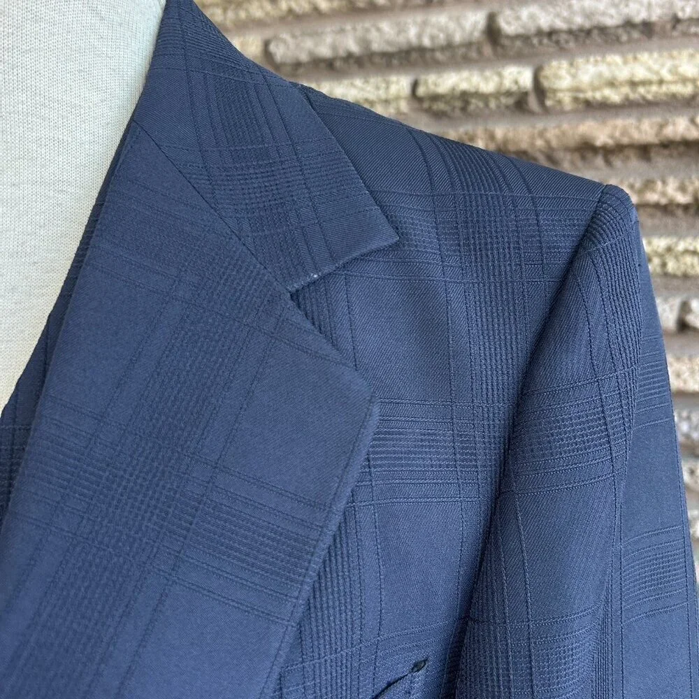 Lucasini Vintage 70s 80s Blue Plaid Sports Coat Blazer and Vest Size 40R